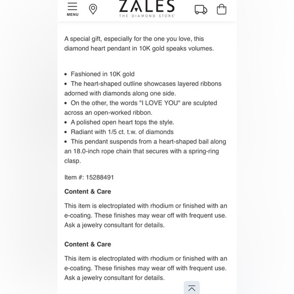 Zales 1/5 CT T.W. Diamond “I Love You” Heart Pendant in 10k Gold - Picture 3 of 6